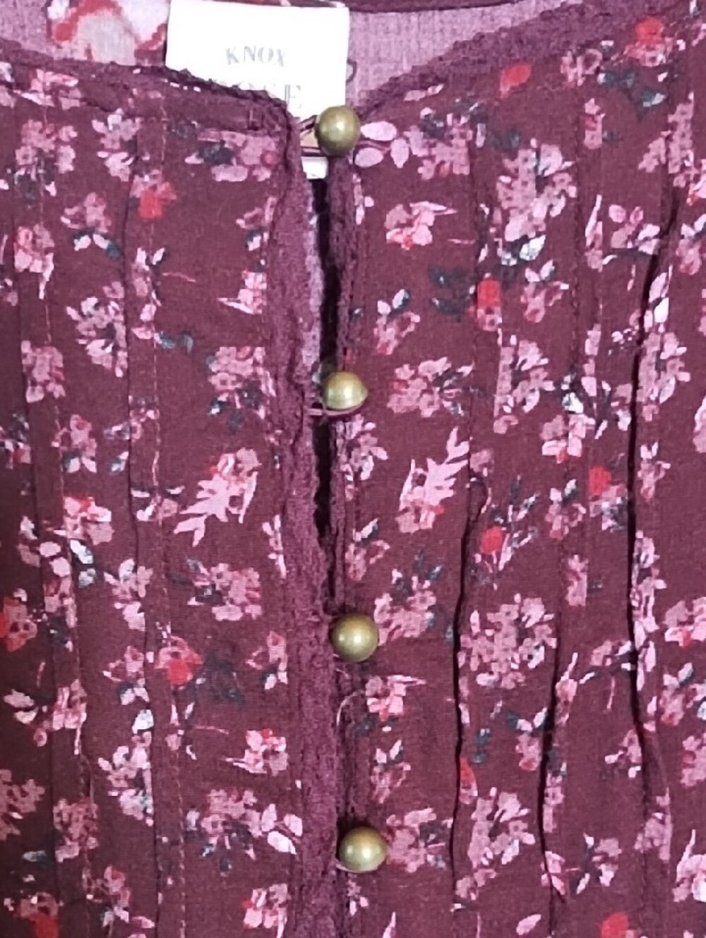 Knox Rose Burgundy Floral Peasant Blouse with Pink Accents. Fits Like XL - Picture 3 of 6